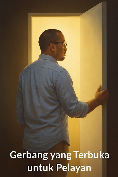 🖼️ Deskripsi Gambar: Gerbang yang Terbuka untuk Pelayan  Gambar ini menampilkan seorang pria berdiri di ambang pintu yang terbuka, disinari cahaya hangat dari luar. Ia mengenakan kemeja biru muda dan celana khaki, dengan postur tenang dan reflektif. Sosoknya tampak dari samping, menghadap ke arah cahaya, seolah bersiap melangkah keluar dari ruang gelap menuju terang.  Pintu putih terbuka sedikit, membiarkan cahaya keemasan masuk dan menyinari tubuhnya. Kontras antara ruang gelap dan cahaya luar menciptakan suasana spiritual dan simbolik—sebuah transisi dari kesadaran ke tindakan, dari keraguan ke keberanian.  Tulisan “Gerbang yang Terbuka untuk Pelayan” tampil di bagian bawah, memperkuat makna bahwa ini bukan sekadar pintu fisik, melainkan gerbang nilai dan pilihan hidup.