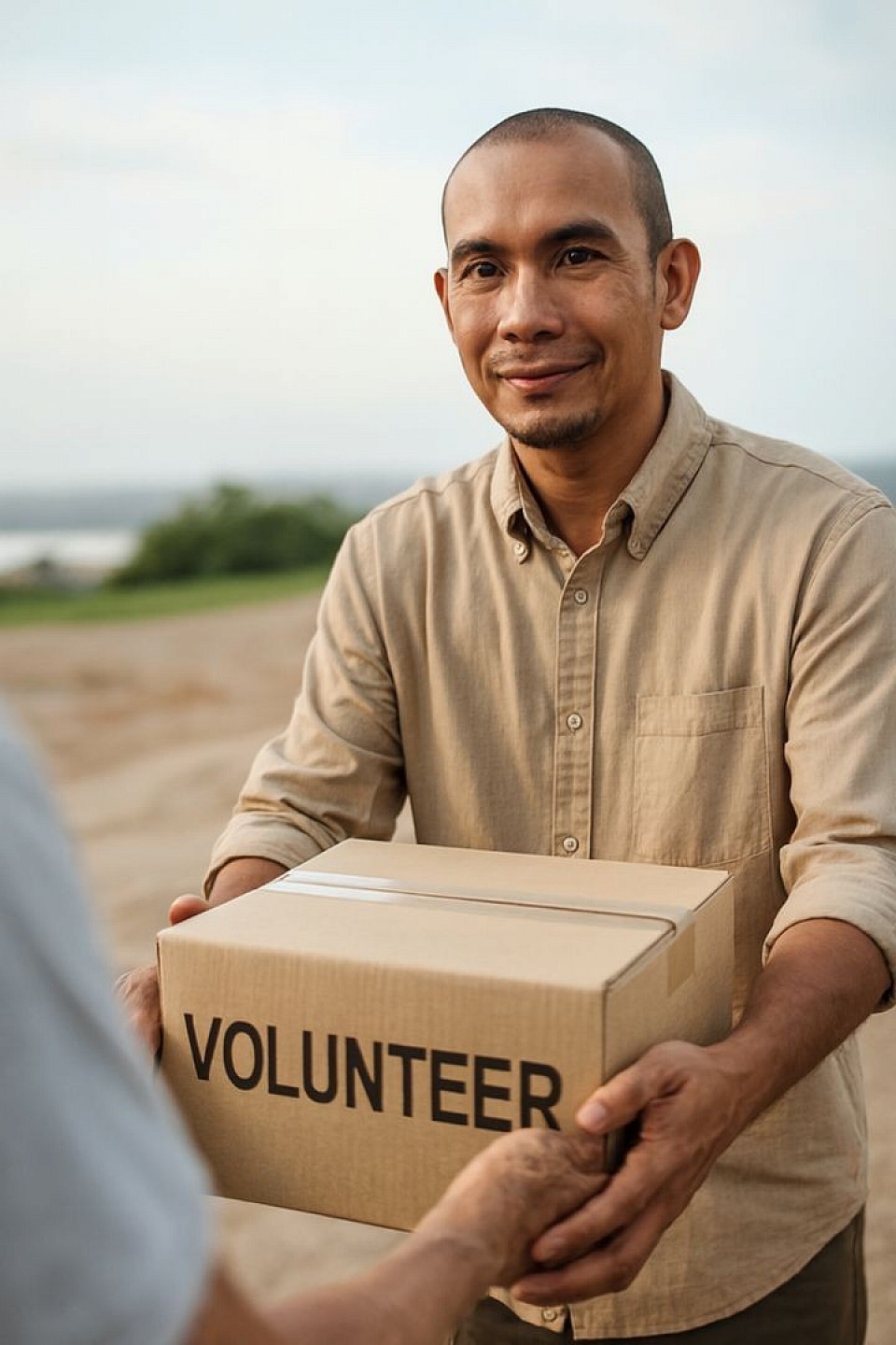 🖼️ Deskripsi Gambar: Relawan Memberi Bantuan  Gambar ini menampilkan seorang relawan laki-laki Asia Tenggara yang sedang menyerahkan sebuah kotak bantuan bertuliskan “VOLUNTEER” kepada seseorang yang membutuhkannya. Sosok relawan ini adalah pribadi yang kamu unggah sebelumnya, namun kini tampil dengan busana berbeda: kemeja lengan panjang warna krem, digulung hingga siku, dengan ekspresi ramah dan penuh empati.  🔹 Detail Visual: - Relawan: Pria berkepala plontos, berkacamata tipis, berkulit sawo matang, dengan senyum tenang dan tatapan hangat. - Busana: Kemeja krem lengan panjang, digulung, dengan kaos putih tipis di dalamnya. - Aksi: Ia sedang menyerahkan kotak bantuan kepada tangan penerima yang tampak lebih tua dan berpengalaman. - Kotak: Kardus sederhana bertuliskan “VOLUNTEER” dengan huruf kapital hitam. - Latar belakang: Jalan tanah terbuka, rerumputan hijau, dan langit sore yang hangat—memberi kesan pelayanan yang nyata dan terbuka.  🔹 Nuansa Simbolik: - Keberanian memberi: Terlihat dari ekspresi dan gerakan tangan yang aktif. - Kesederhanaan dan ketulusan: Tidak ada kemewahan, hanya aksi nyata. - Keterbukaan dan harapan: Lanskap terbuka dan cahaya sore memberi kesan masa depan yang bisa dijalani bersama.