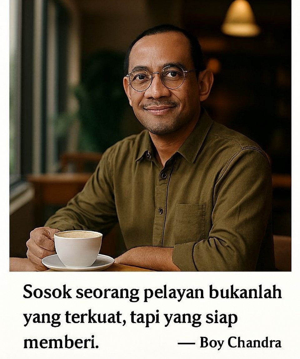 🖼️ Deskripsi Gambar: Pelayan dalam Ruang Reflektif  Gambar ini menampilkan sosok Novi Akhtar, seorang pria paruh baya asal Asia Tenggara, duduk santai di ruang dalam yang hangat dan tenang. Ia mengenakan kemeja hijau zaitun berlengan panjang, dengan lengan digulung hingga siku—simbol kesederhanaan dan kesiapan untuk melayani.  🔹 Komposisi Visual: - Ekspresi wajah: Senyum lembut, mata jernih, dan tatapan langsung ke kamera memberi kesan keterbukaan dan ketulusan - Postur tubuh: Duduk santai dengan tangan kanan memegang cangkir kopi di atas meja kayu, bahu sedikit condong ke depan - Latar belakang: Ruang dalam dengan pencahayaan hangat, rak buku, tanaman hijau, dan jendela besar yang menampilkan dedaunan luar  🔹 Nuansa dan Warna: - Warna dominan: Hijau zaitun, coklat kayu, dan krem lembut - Pencahayaan: Alami dan hangat, menyoroti wajah dan cangkir kopi - Suasana: Reflektif, tenang, dan penuh makna batin  ---  ✨ Kutipan di Bawah Gambar  > “Sosok seorang pelayan bukanlah yang terkuat, tapi yang siap memberi.”   > — Novi Akhtar