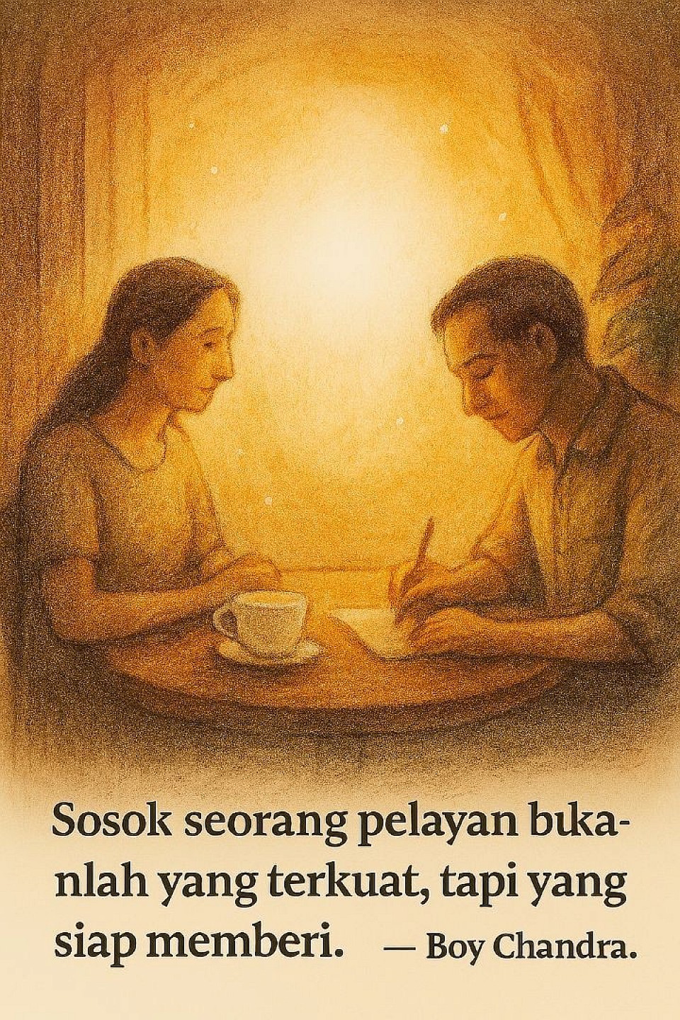 🖼️ Deskripsi Gambar: Dialog dalam Keberanian Sunyi  Gambar ini menampilkan dua sosok duduk berhadapan di sebuah meja bundar kayu, dalam suasana hangat dan tenang. Cahaya keemasan menyinari wajah mereka dari atas kanan, menciptakan nuansa reflektif dan intim.  🔹 Sosok Kiri: - Seorang perempuan berambut panjang, ditarik ke belakang telinga - Mengenakan baju sederhana berlengan pendek - Postur tubuh tenang, tangan terlipat di atas meja - Ekspresi lembut dan mendengarkan dengan penuh perhatian  🔹 Sosok Kanan: - Seorang pria berambut pendek, mengenakan kemeja berkerah - Membungkuk sedikit ke depan, menulis di atas kertas dengan pena - Ekspresi fokus dan kontemplatif  🔹 Latar dan Nuansa: - Latar belakang berupa tirai dan dinding bertekstur lembut - Partikel cahaya kecil tersebar di udara, seperti debu atau percikan harapan - Warna dominan: oker, sienna, dan emas lembut - Gaya lukisan digital dengan sapuan kuas halus dan tekstur lembut  ---  ✨ Simbolisme Gambar  - Meja bundar: simbol kesetaraan dan ruang dialog - Menulis dan mendengar: keberanian yang dibagikan dan diterima - Cahaya hangat: kekuatan sunyi yang menyatukan - Partikel cahaya: harapan yang muncul dari percakapan jujur